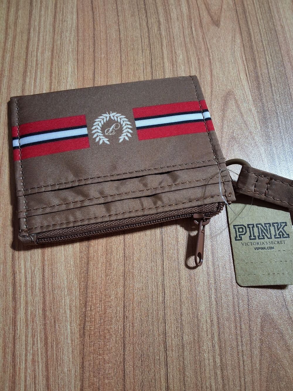 PINK Victoria's Secret Brown Canvas Card Wallet with Red and White Stripe